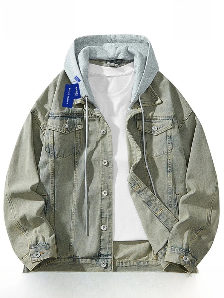 

Wassup Glory Men's Denim Jaet with Hood Early Autumn Workwear Sle Long Sve Casual Outerwear Faionable And Haome