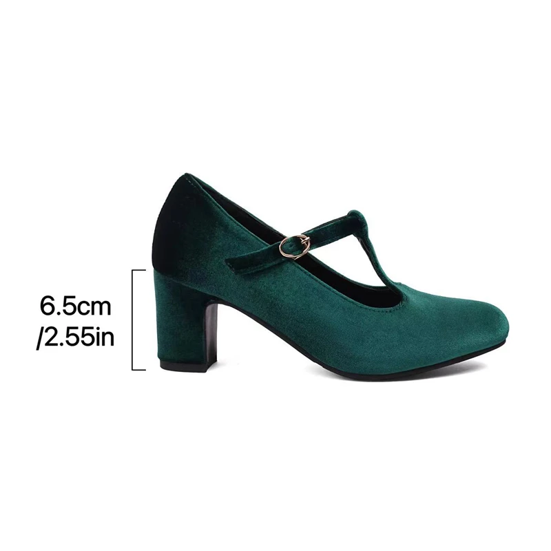 2024 Spring New Round Toe Velvet T-strap Buckle Mary Jane Shoes Women Retro Solid Block High Heels Pumps Lady Dress Shoes 43 44