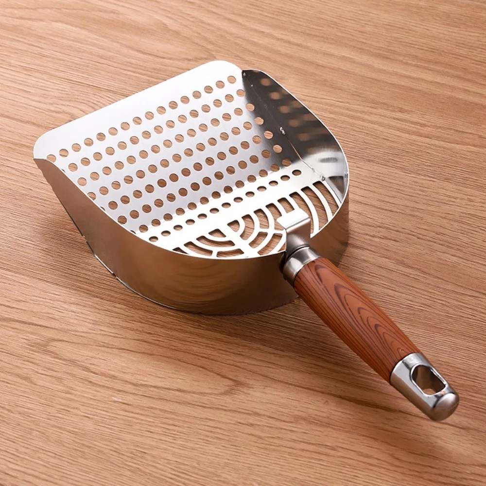 Stainless Steel Cat Litter Scoop Deep Shovel Long Handle Pet Waste Shovel Sturdy Mesh Wood Handle Cat Poop Sifting Tool