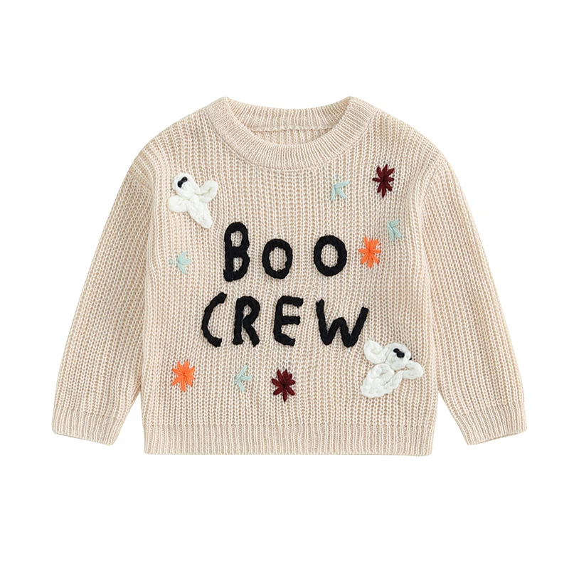 

Baby Boy Girl Halloween Sweater Ghost Letter Embroidery Crew Neck Long Sleeve Pullover Knit Tops for Fall Winter