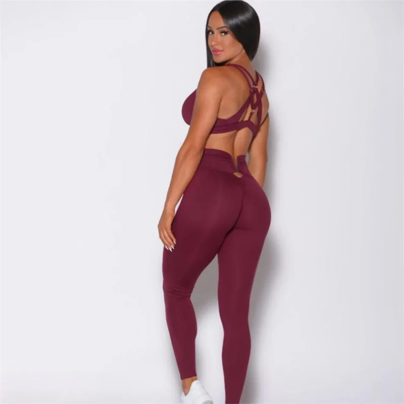 SVEIC Yoga Set Two piece Hollow Sports Bra Cross Back High Waist Leggings Fitness Workout Women\'s Tracksuit Gym Outfits Clothing