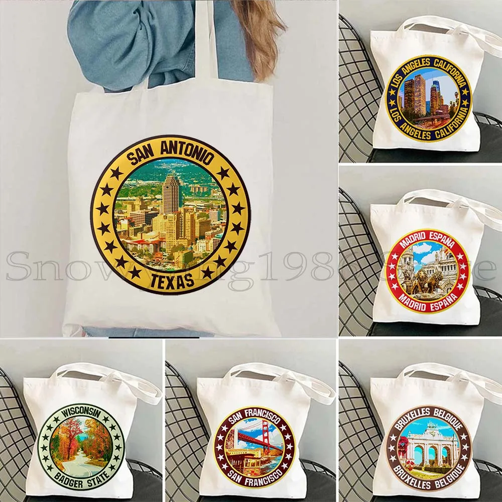 

Barcelona Bern Brussels Greenland Los Angeles Madrid Massachusetts San Francisco City Round Emblem Gifts Canvas Tote Bag Handbag