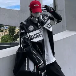 Japanese Color Block Jacket for Men Letters Embroidered PU Coats Stand Collar Cuffs Zippered Fake Leather Motorcycle Racing Suit