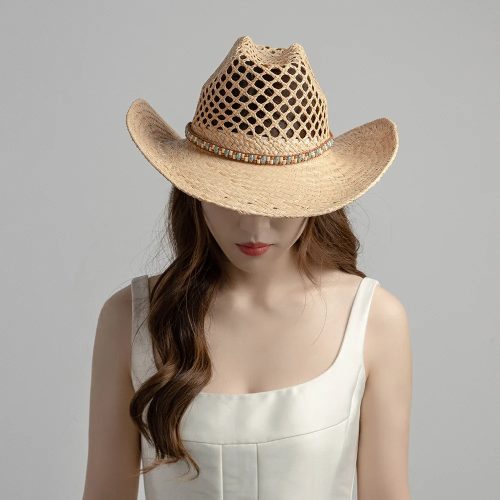 Summer Western Cowboy Raffia Sun Hat for Men Women Wooden Bead Decorative Hand Woven Hollow Lafite Grass  Holidays Beach Hat