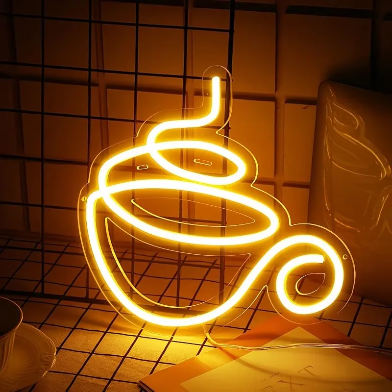 Coffee Cup Shape LED Neon Sign Dimmable USB Wall Hanging Lamp For Coffee Store Dessert Shop Kitchen Holiday Decor Ornament