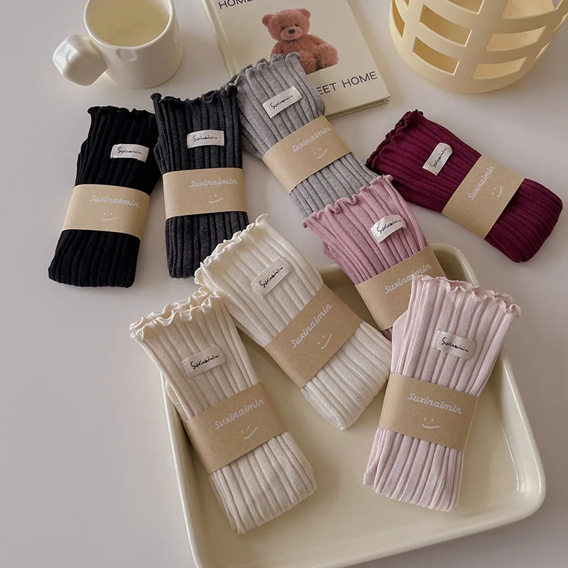 

8 Pairs Autumn and Winter Fungus Edge Cloth Label Sweet and Cute Vertical Long Socks Solid Color Double Needle Mid Tube Socks