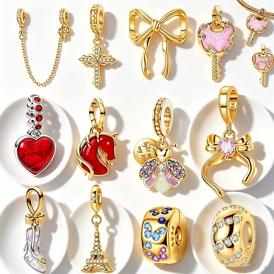 Gold Plated Charm Beads, Bow & Heart Shaped Spacer Pendant B