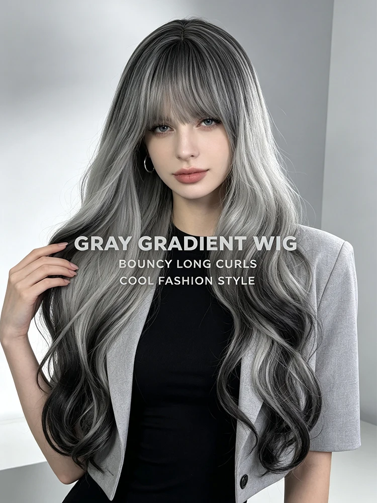 Synthetic 20 Inch Gradient Silver Gray Big Wave Long Curly Hair Wig Halloween Cosplay Heat Resistant Fiber Hair