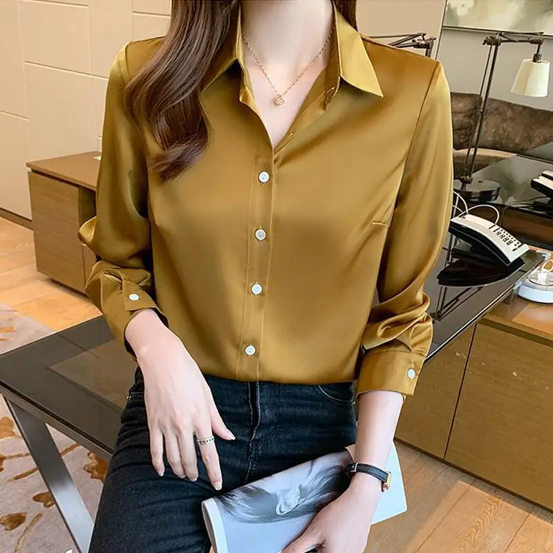 Elegant Solid Color Lapel Button All-match Satin Shirt Women Clothing 2022 Autumn New Casual Tops Long Sleeve Office Lady Blouse