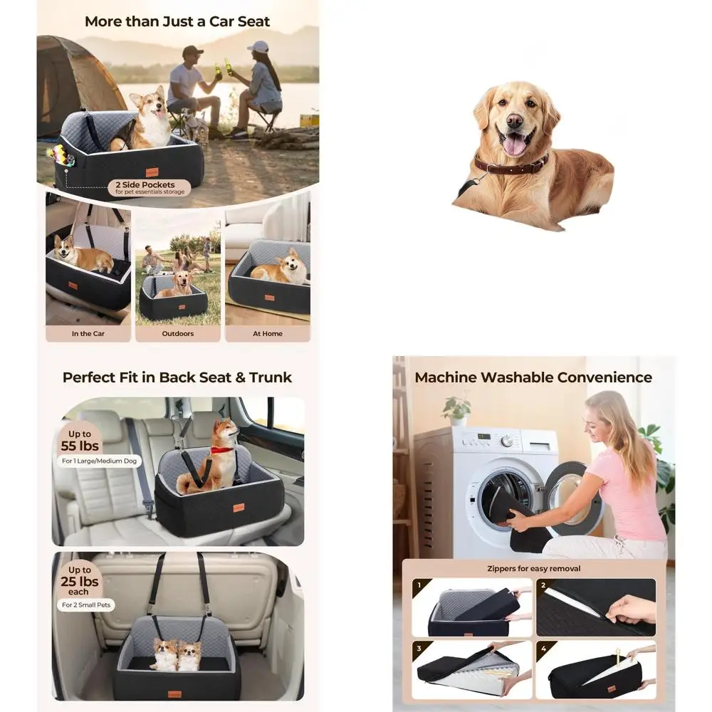 

Автокресло для домашних животных для больших и средних собак до 55 фунтов, моющийся дорожный бустер с подушкой, 2 поводка безопасности (черный/серый)