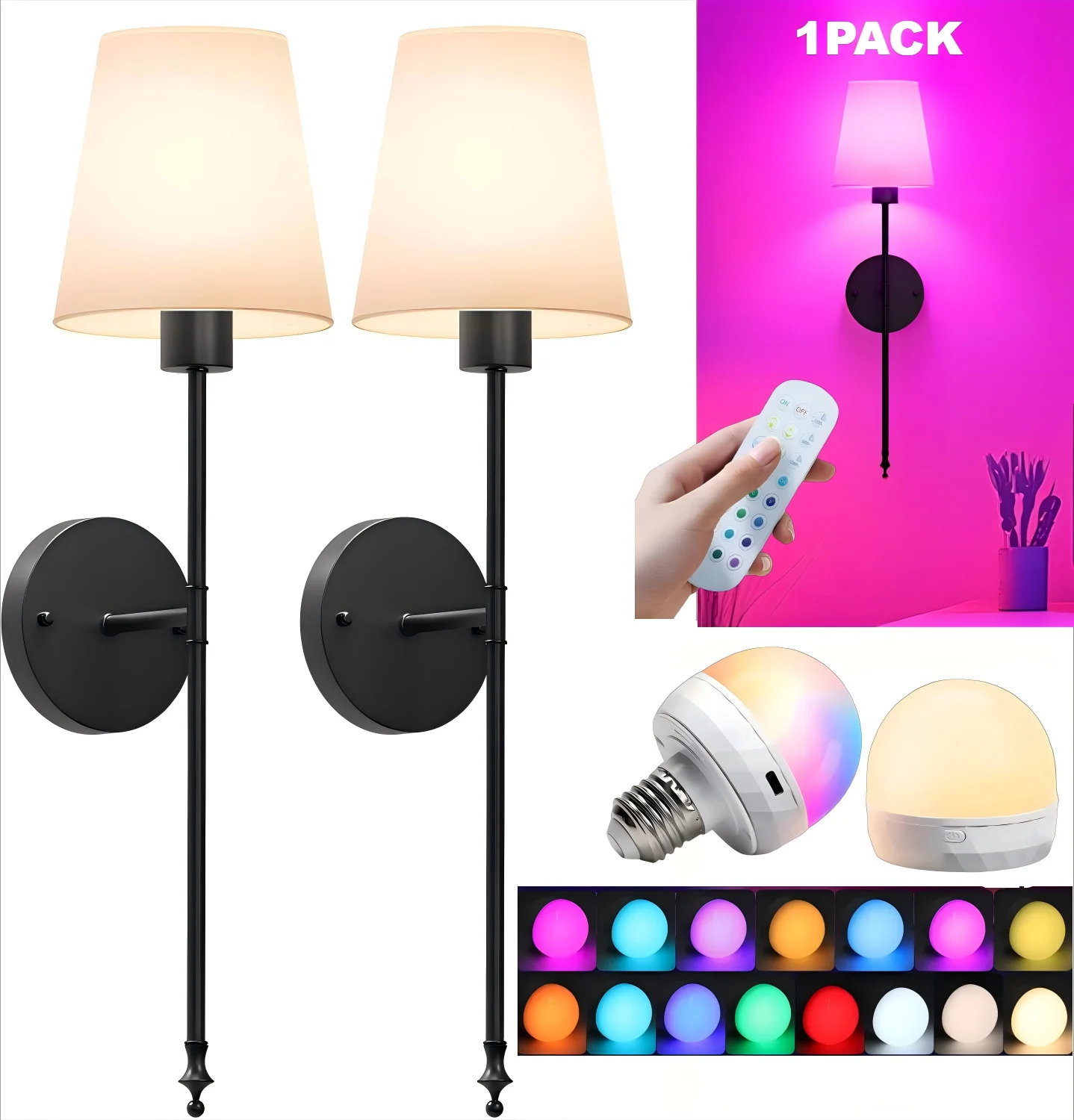 Battery Operated Wall Sconces Set of 1 Cordless Wall Lights with Rechargeable Bulbs and Remote 12 Lighting Colors and Dimmable