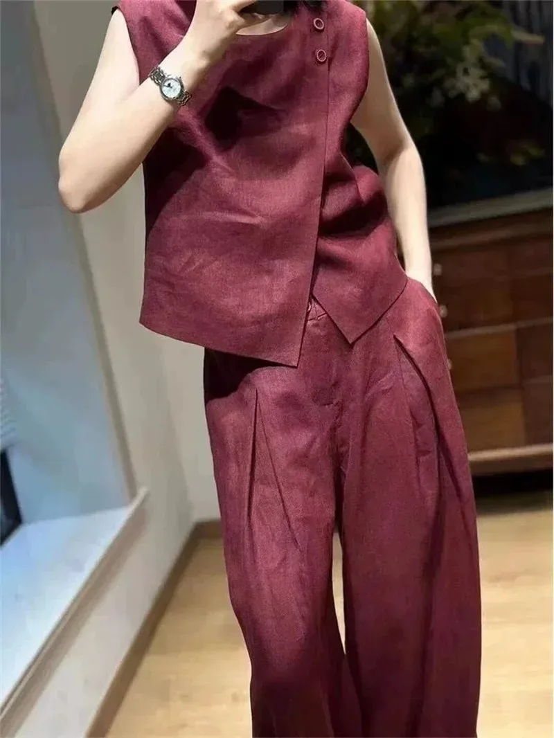 

Новый летний льняной брючный костюм, корейский модный комплект из 2 предметов, женский жилет без рукавов с круглым вырезом, свободные комплекты с широкими брюками