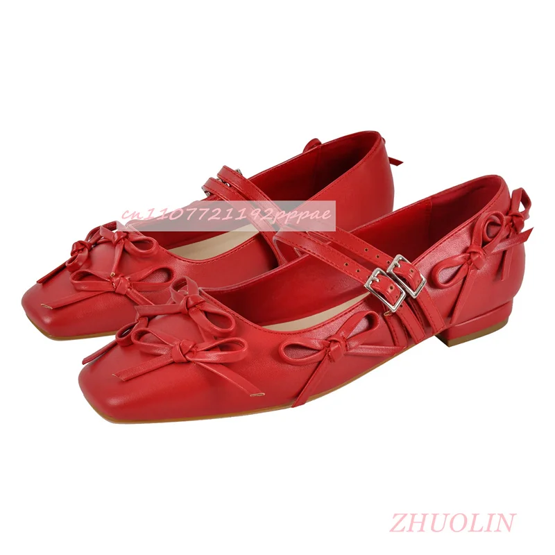 

Autumn New Red Bow Mary Jane Women'S Shoes Square Toe Thick Heel Shallow Mouth Ballet Pumps Elegant Holiday Dress Party Shoes 43