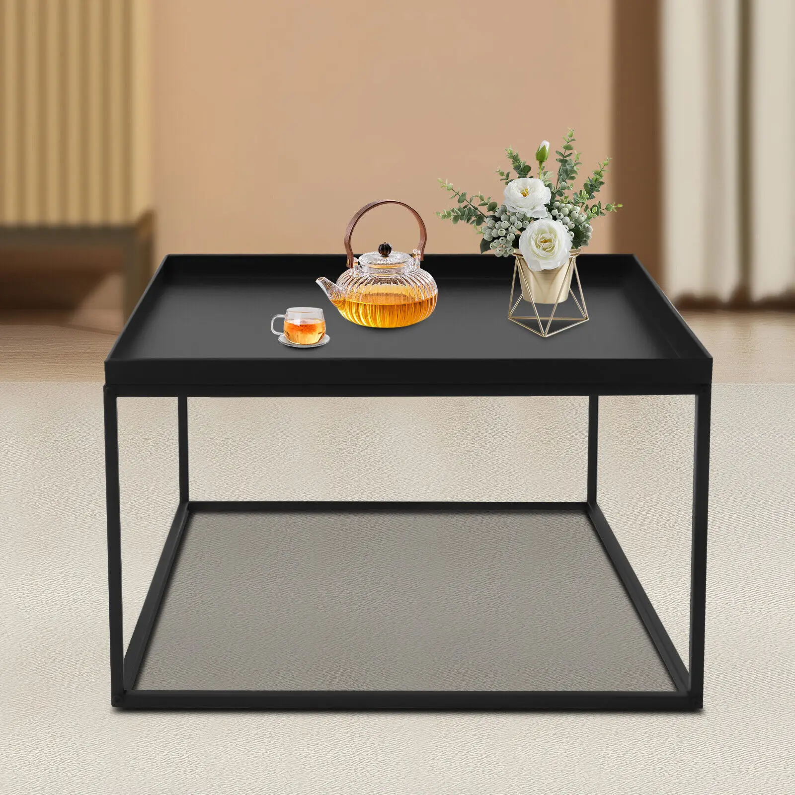 59cm Metal Square Coffee Table End Table/Side Table For Office/Home Matt Black