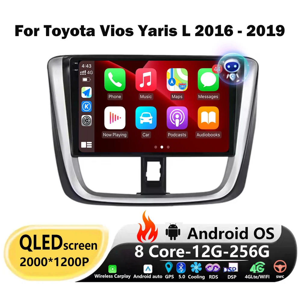 Android 16 Auto For Toyota Vios Yaris L 2016 - 2019 Car Radio Multimedia Video Player GPS Navigation 4G WIFI Carplay Bluetooth