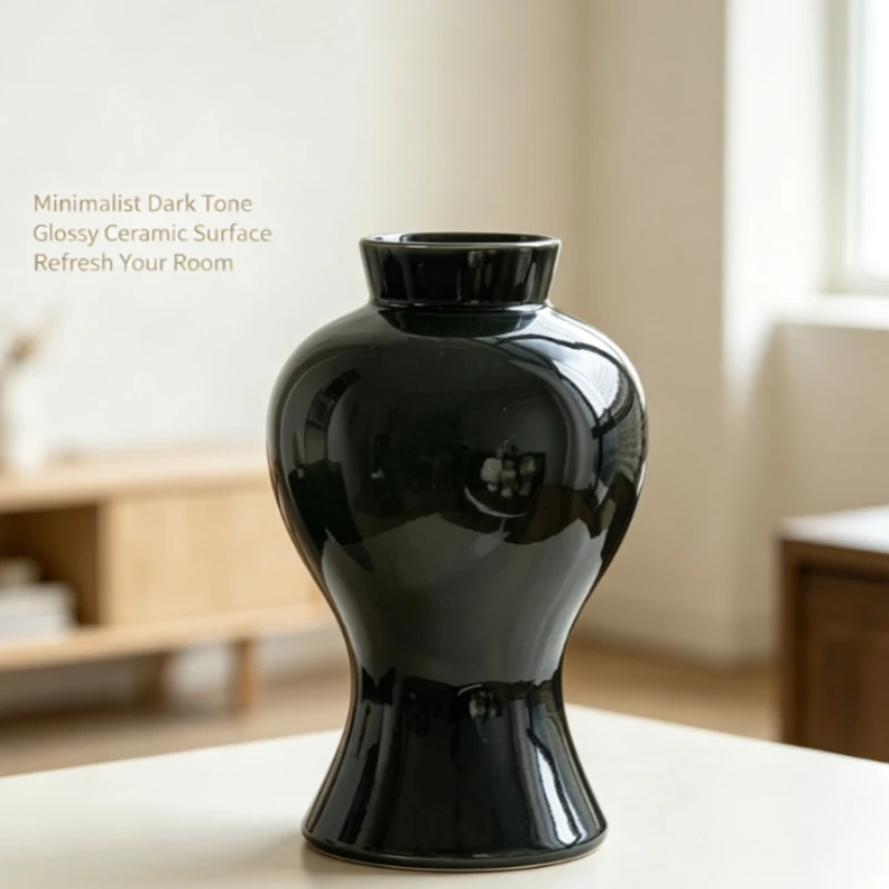Modern Black Ceramic Vase, 30cm Tall with Glossy Finish, Ideal for Home Decor & Floral Arrangements
