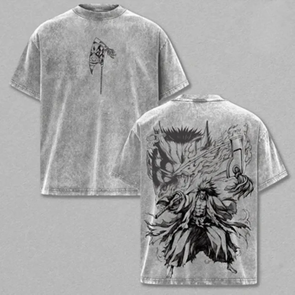BLEACH Zaraki Kenpachi T-shirt Vintage Washed Oversized T Shirt Summer Casual Short Sleeve Cotton Tees Clothes Men Clothing