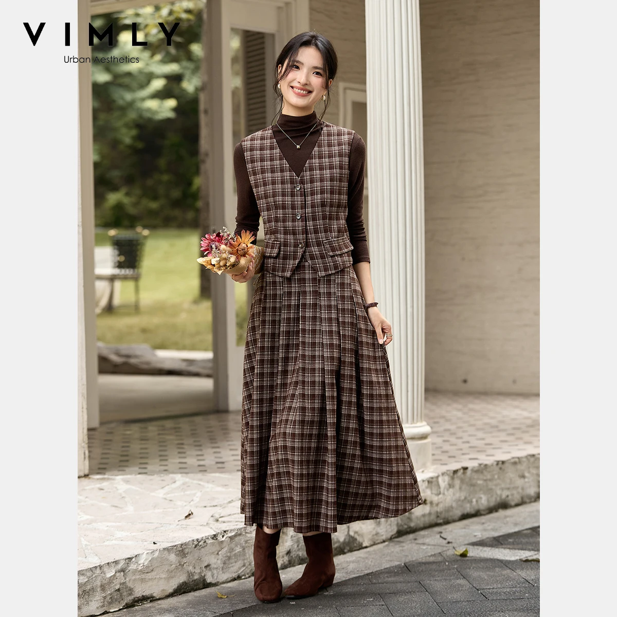 

VIMLY Skirt Set Woman 2 Piece Vintage Brown Plaid V-neck Button Waistcoat A-line Midi Skirts Fall 2025 Female Skirt Sets A3050