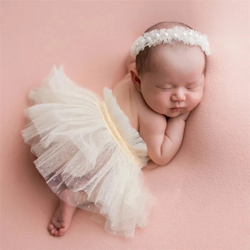 Newborn Photography Accessories Clothing Cute Princess Pearl Lace Headband +Fluffy Skirt Baby Photo Shooting Props Outfits