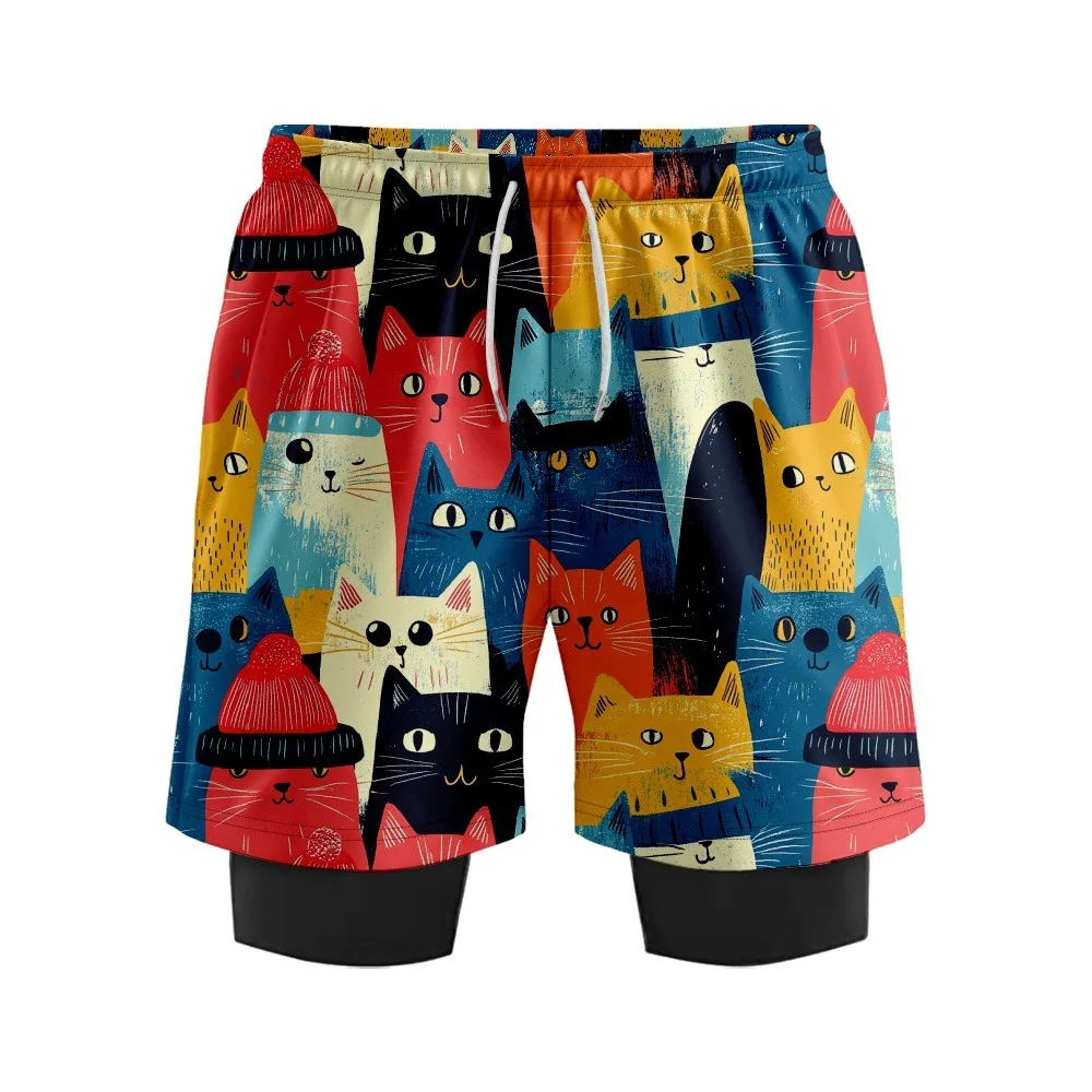 Harajuku Kawaii Mew Cat Print Beach Shorts Mens Swim Trunks with Compression Liner Bathing Suit Summer Swimming Shorts Plus Size