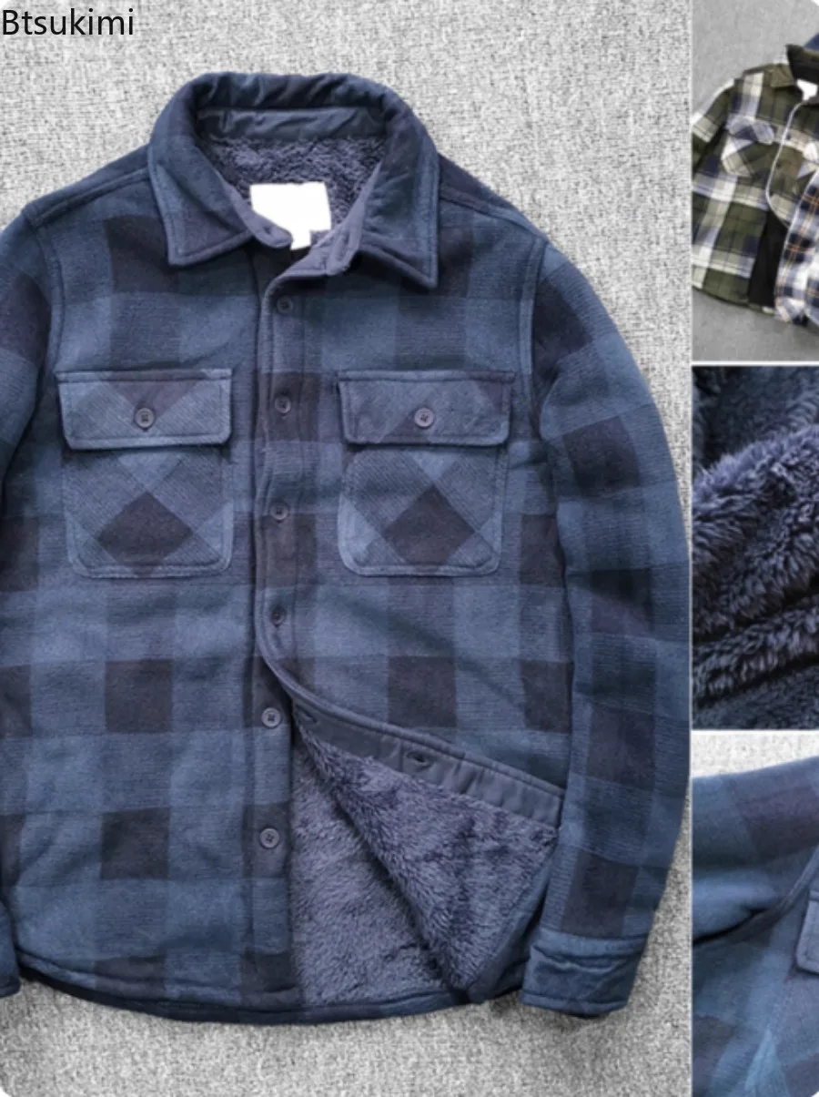 Mens Winter Fleece Linend Warm Plaid Shirt Jacket Casual Long Sleeve Flannel Checked Shirt Men Outdoor Leisure Wram Jacketcoat