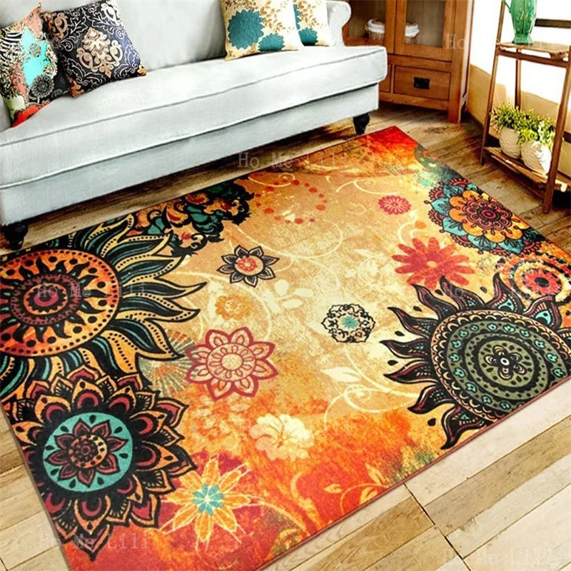 Contemporary Boho Retro Style Abstract Flowers Flannel Floor Rugs Saffron Yellow Lotus Carpets Living Room Indoor Outdoor Use