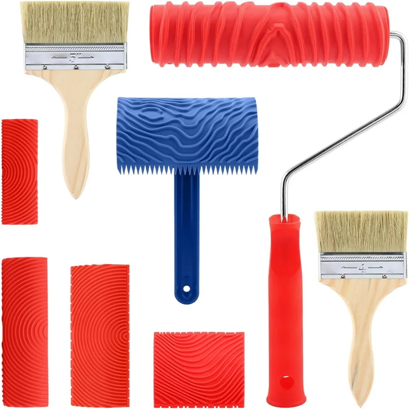 8 Pieces Wood Paint Tool Set, Texture Roller, Graining Rocker, Paint Brushes, For Floor, For WALL, DIY Room Decoration-AT30