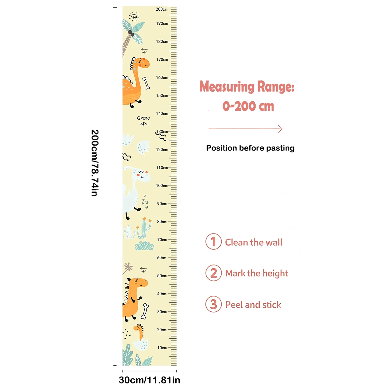 Cartoon Cactus Dinosaur Height Measuring Chart Removable Wall Sticker 200cm Kids Growth Ruler Baby