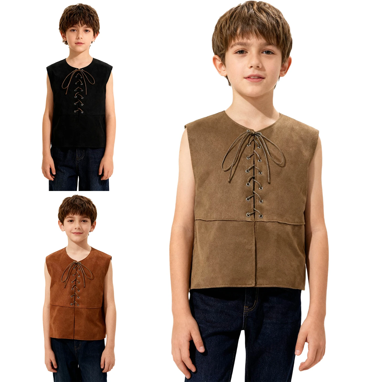 Boys Girls Pirate Waistcoat Costumes Halloween Party Medieval Renaissance Vest Gothic Steampunk Lace Up Suede Waistcoat Tops