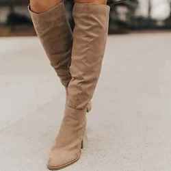 Knee High Boots Women 2024 New Thick Heel High Heel Small Person Show Thin Suede Boots Women Side Zipper Boots Brown Long Boots