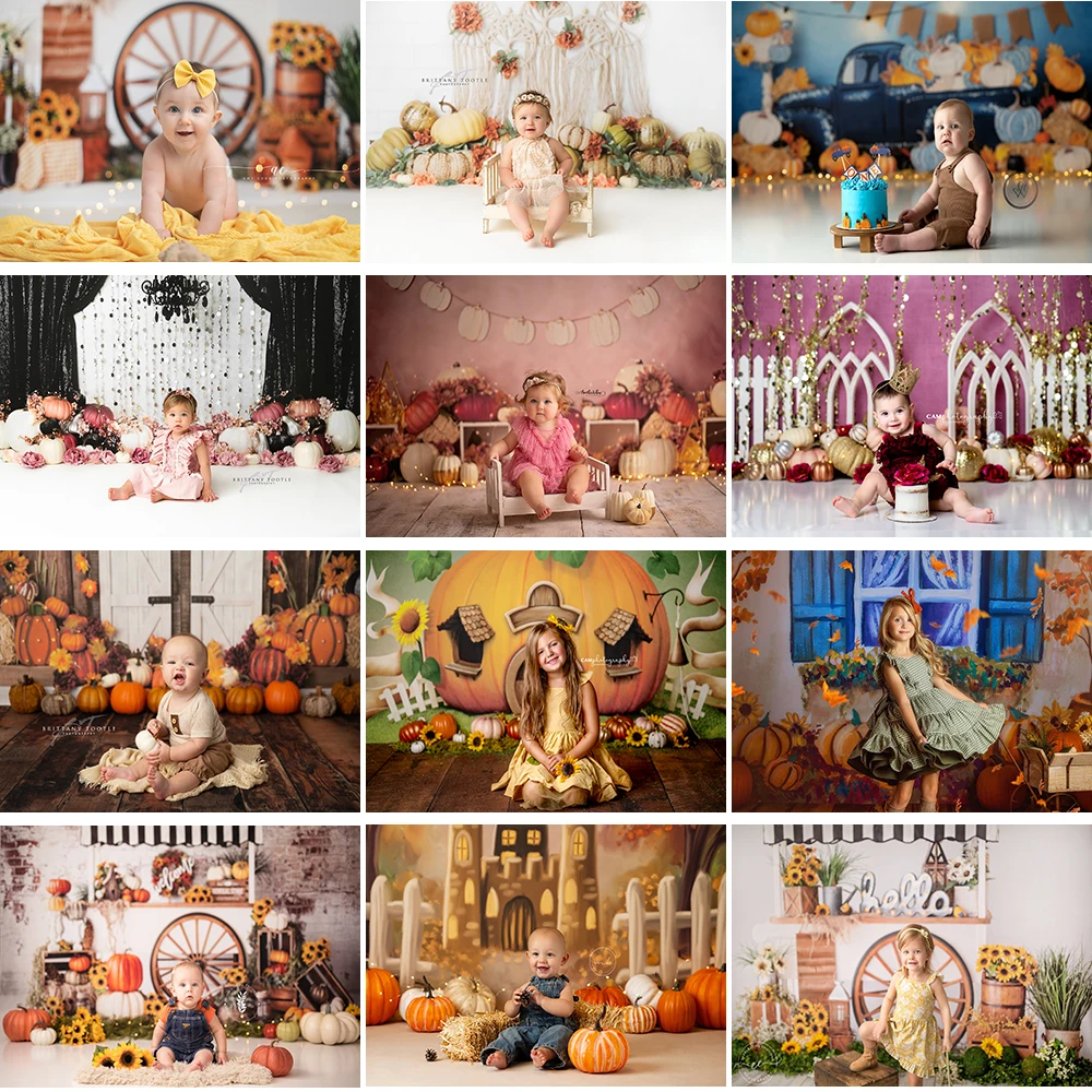 

Fantastic Fall Photo Background Child 1st Birthday Cake Smash Photography Backdrop Pumpkin Kids Portrait Photo Studio Props