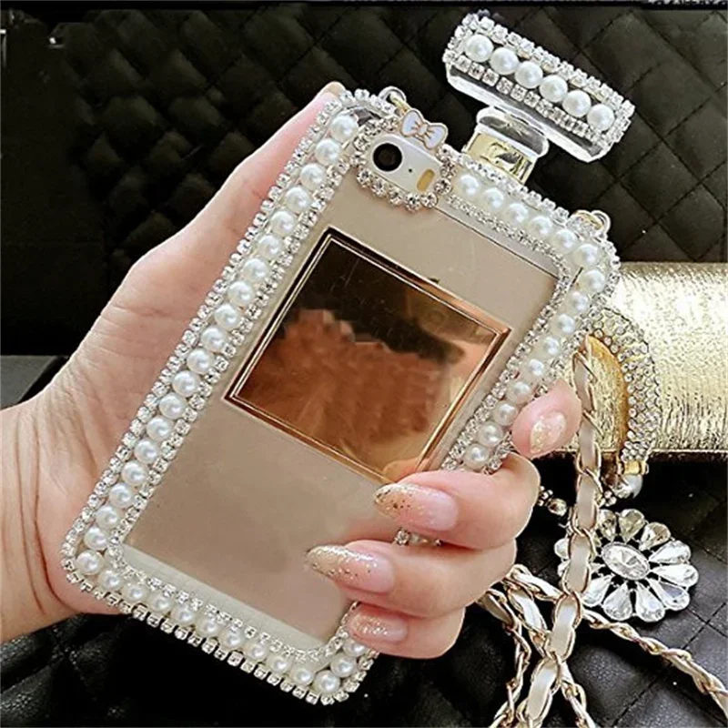 Fashion Bling Diamond Pearl Perfume Bottle Chain Handbag Cover For iPhone 13 14 12 16Pro X XS MAX XR 15  16Plus Phone Case