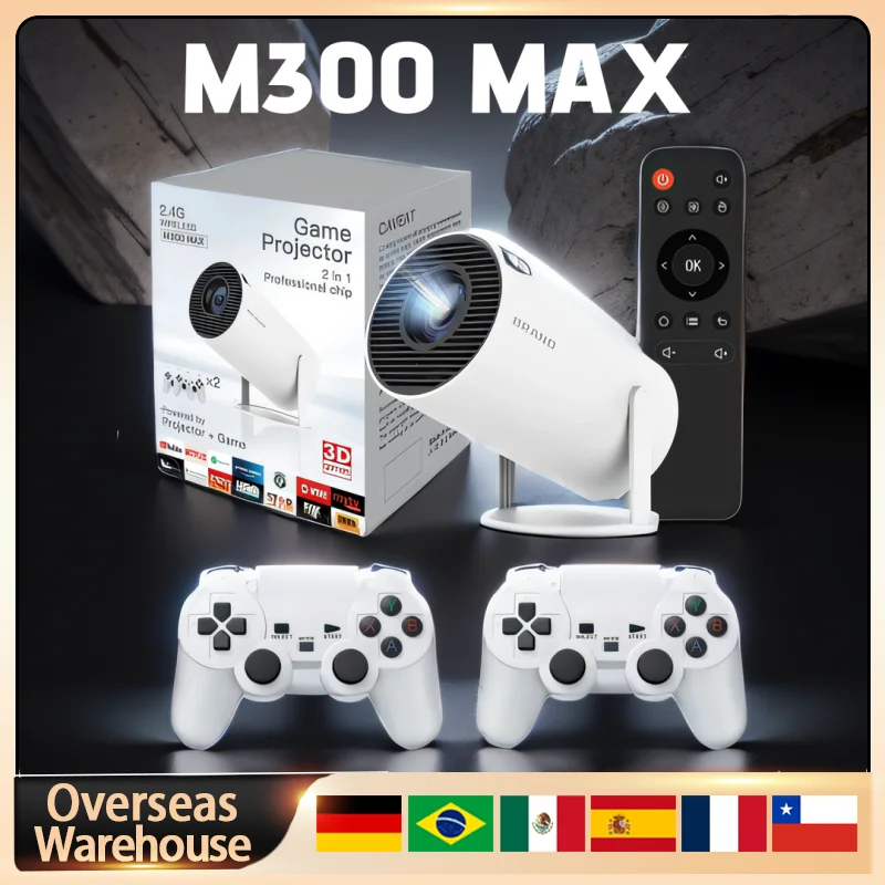 

M300 MAX Projector Retro Video Game Consoles Android11 System Mini Portable Intelligent 720p Home Projector 64GB 46000+ Games