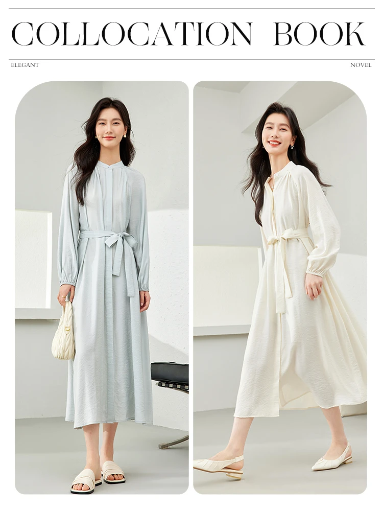 Vimly Women Midi Dress 2024 Spring Vacation Elegant Fashion Tie Belt Long Sleeve Dresses with Pockets Womans Clothing M5296