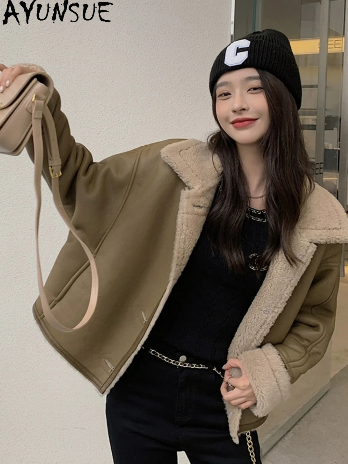 AYUNSUE 2025 Nieuwe Shearling Jas Vrouw 100% Natuurlijke Wollen Jassen voor Vrouw Kleding Losse Mode Bont Jas Ropa Para Mujer