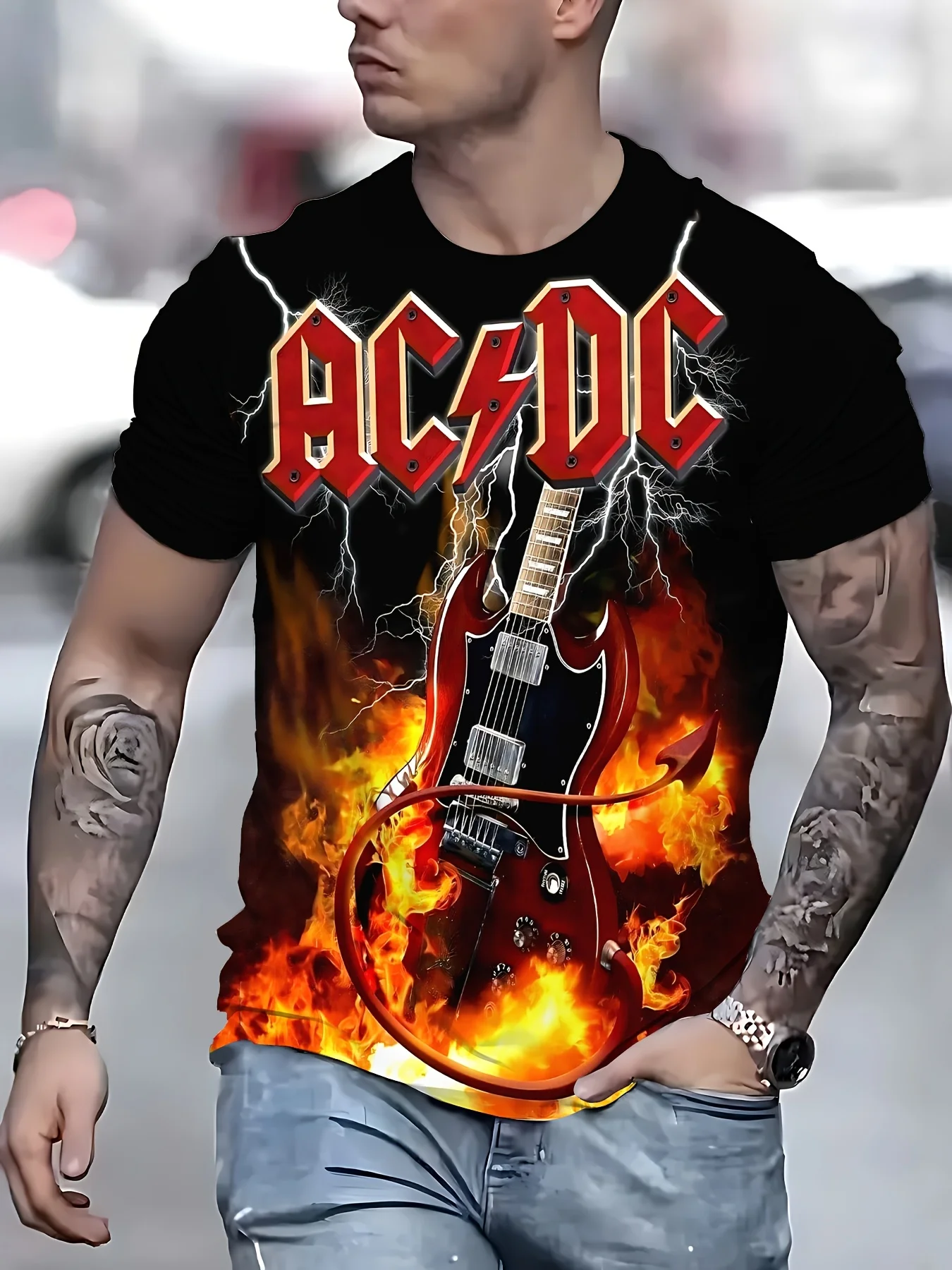 

Men's 3D Judas Priest Graphic Tee - Black & White with Red Accents, Machine Washable, Band Merchandise|Bold Graphic Tee|