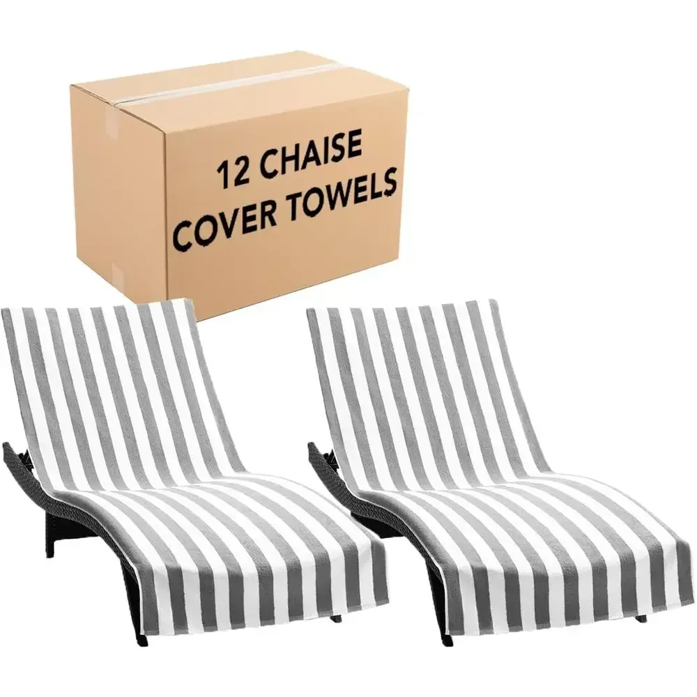 California Chaise Lounge Cover - Pack of 12 - Striped Cotton Cabana Towel with Key Holder for Beach, Pool, Outdoor Chair, 30 x 8