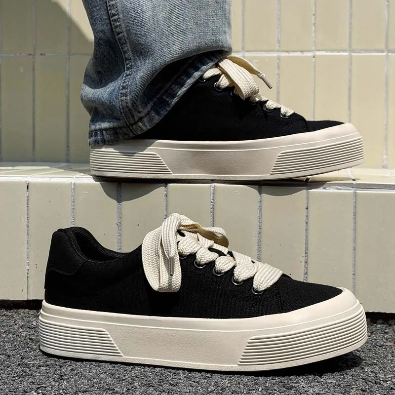 Men's Thick-Soled Versatile Casual Low-Top Sneakers, Korean Style Trendy Wide Shoelaces with Bow Ties, Breathable Non-Slip Height-Increasing Shoes, Men's Spring and Autumn Street Fashion Sports Canvas Shoes