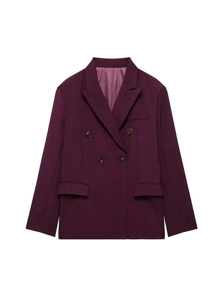 

Willshela Women Fashion With Pockets Wine Red Double Breasted Blazer Vintage Notched Neck Long Sleeves Female Chic Lady Outfits