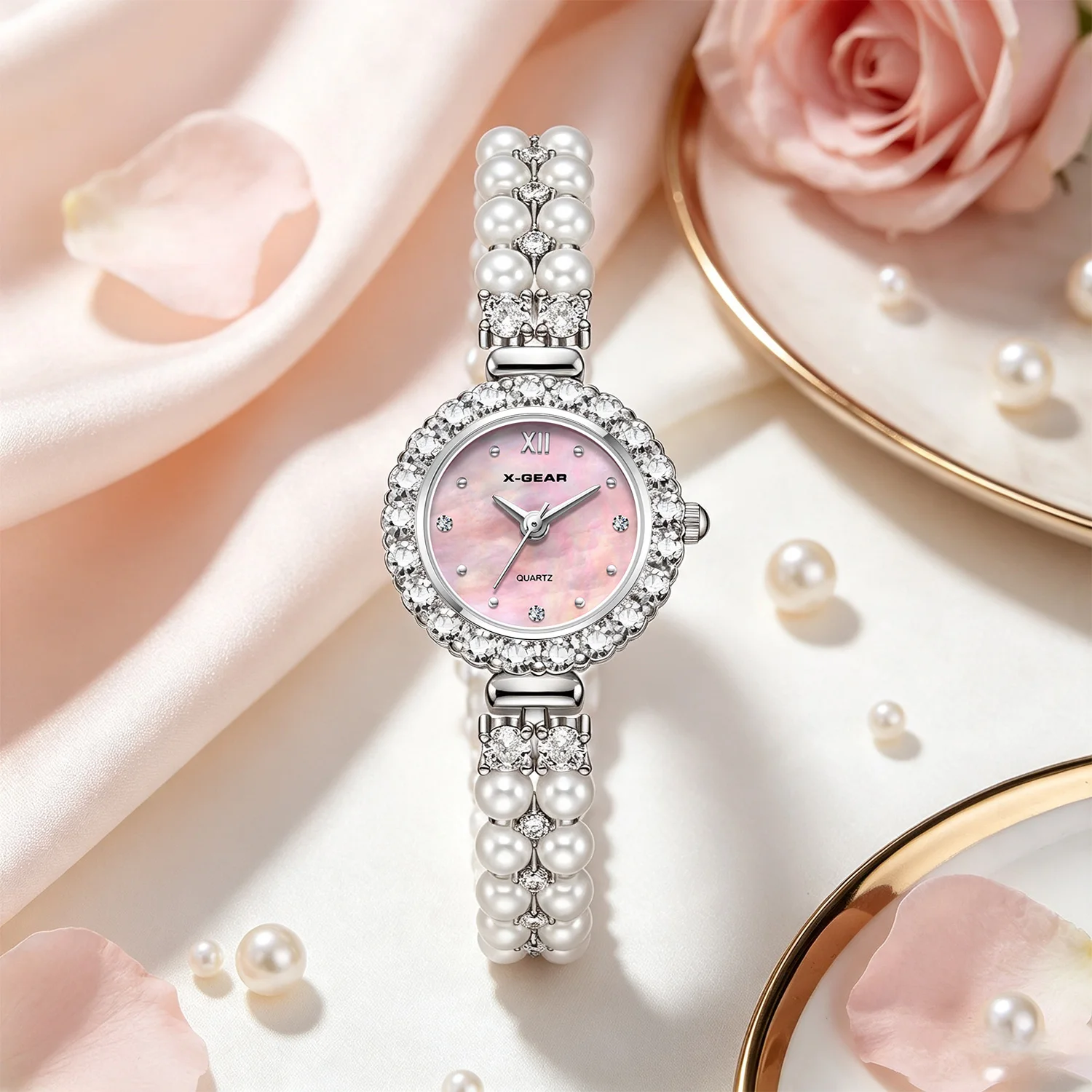 Luxury Quartz Watch for Women Mother of Pearl Dial Full Diamond Bezel Double Layer Pearl Bracelet Strap