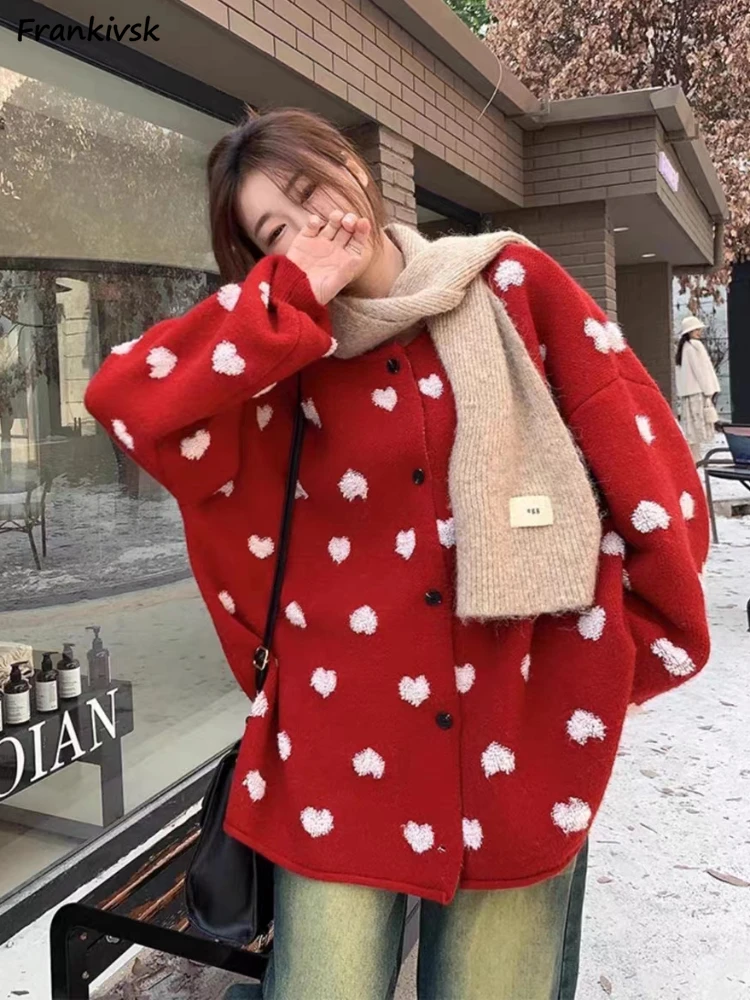 Cardigan Women Heart Graphic Panelled Sweet Retro Korean Style Popular Fashion Young Knitting Round Neck Spring College Clothing