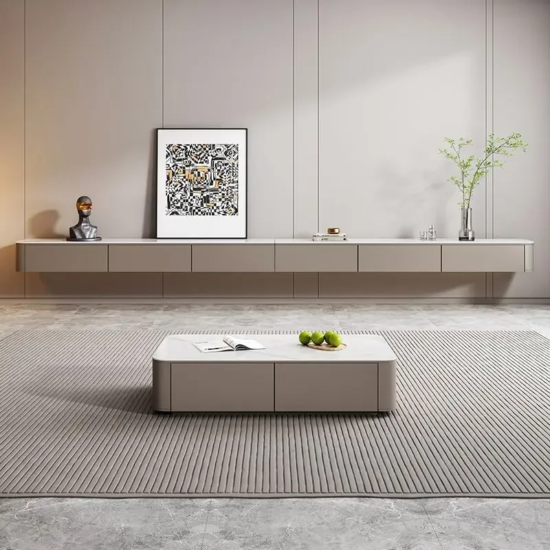 Modern simple solid wood suspended TV cabinet living room home new rock slab TV hanging cabinet