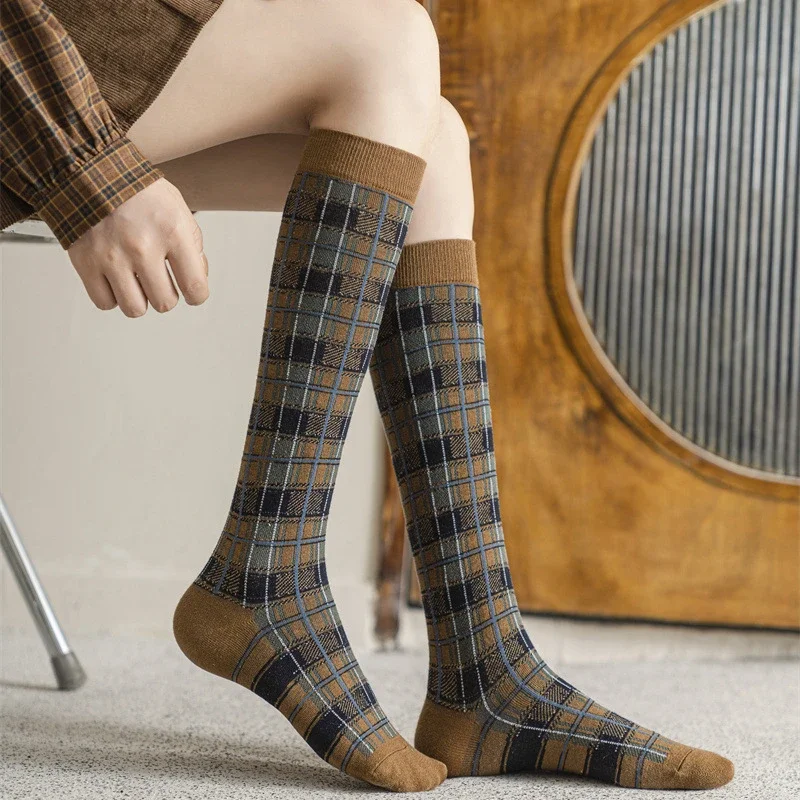 Stockings Women Harajuku Retro Vintage Plaid Long Socks Stocking JK College Style School Girls Cotton Knee Socks Women Stockings