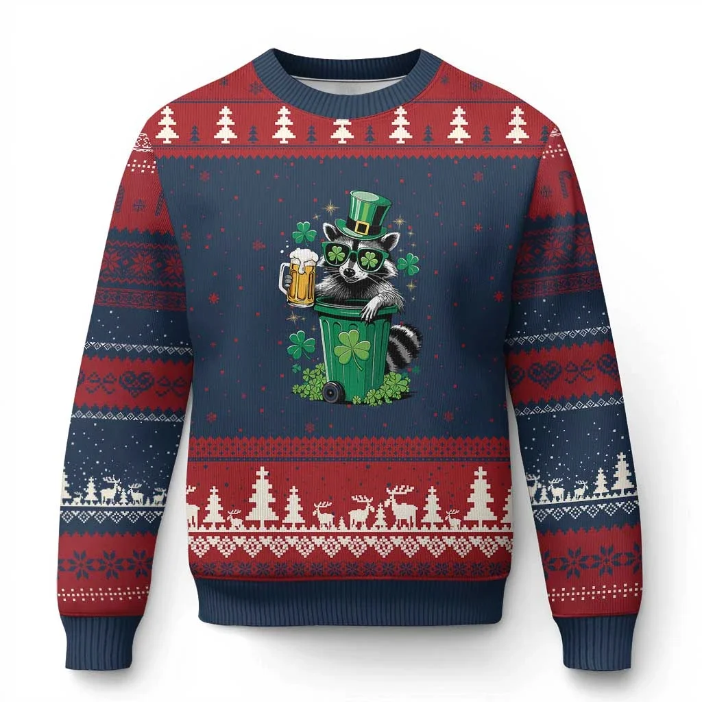 Winter Ugly Sweater Funny Raccoon St Patrick Clover Print Crew Neck Sweatshirt Holiday Party Long Sleeve Casual Pullover Tops