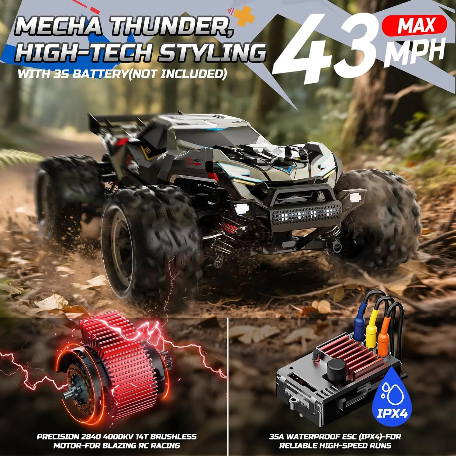 Brushless High-Speed RC Cars for Adults, 55 KM/H, Works with 3S Battery