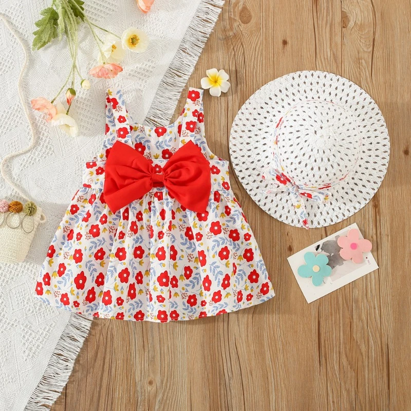 Girls' Dress Summer Children's Wear New Field Garden Small Floral Back Bow Halter Children Skirt with Hat Years Girl Clothes