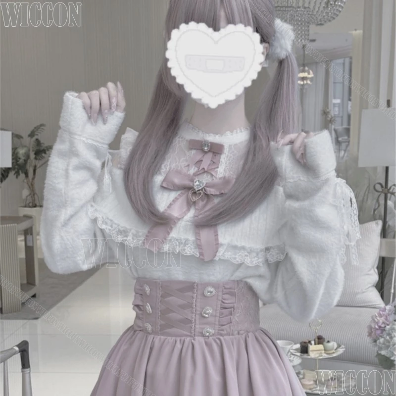 

Lace Sweater Jirai Kei Girls Cosplay Y2K Winter Suit 4 Colours White Black Blue Pink Clothes Woman Halloween Navidad Carnaval