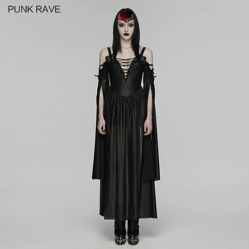 PUNK RAVE Women's Gothic High-quality Chiffon V-neck Drawstring Elegant Dress Charm Pleated Design Party Club Layers Dresses