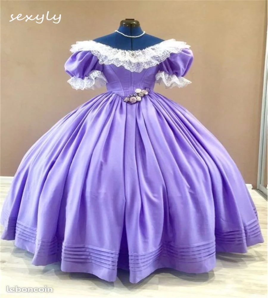 Lavender Victoria Prom Dress Short Sleeves Satin 1860s Civil War Renaissance Evening Dress Dancer Flamenco Party Gown Customized