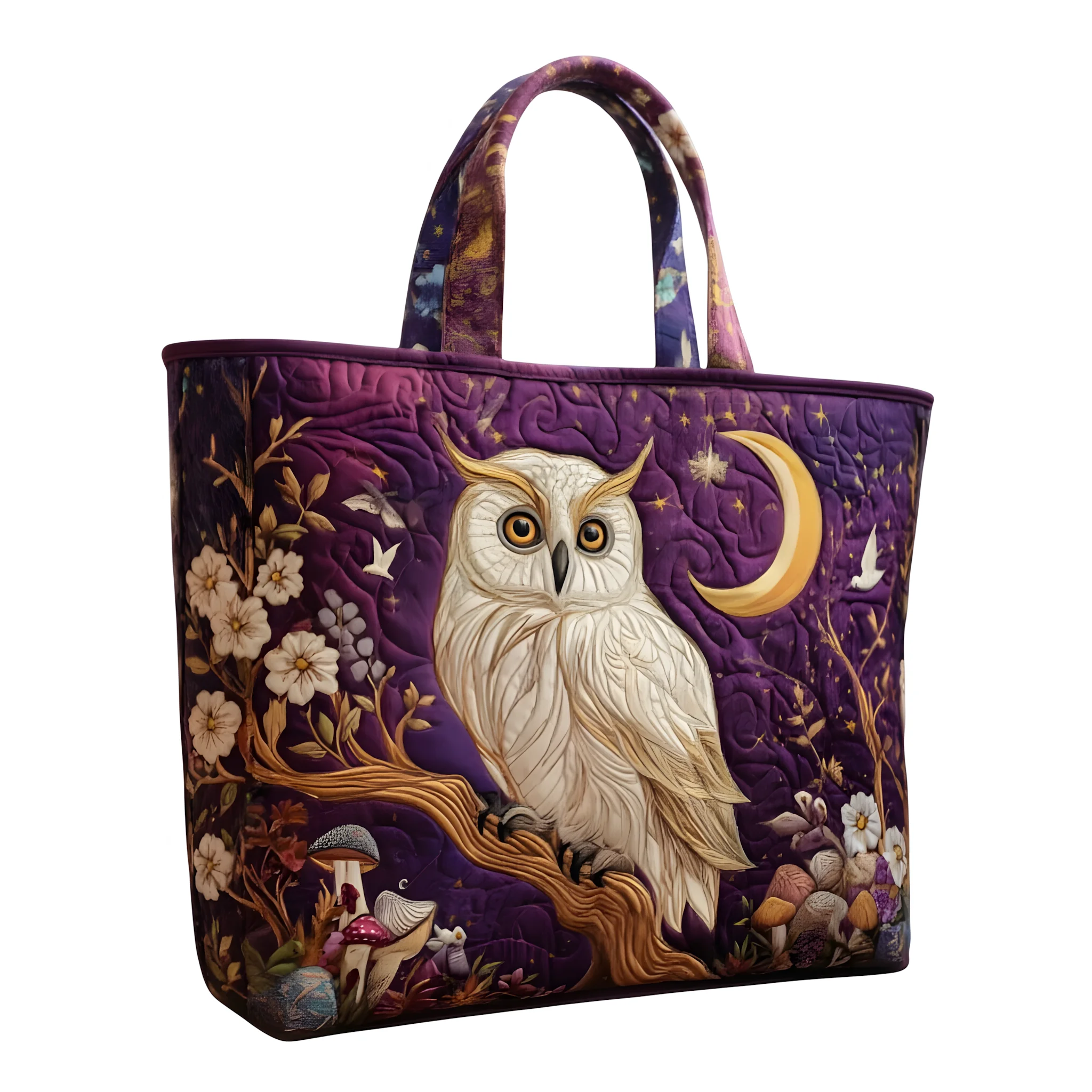 

Mystical Purple Night Sky Owl Quilted Tote Bag Moon Star Floral Handbag Bohemian Shoulder Bag for Women